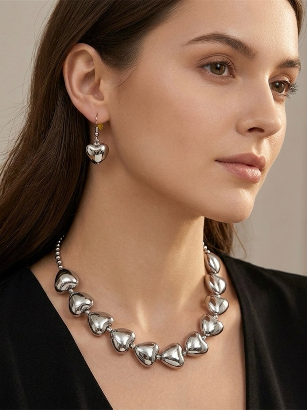 Shiny Silver Heart Bead Necklace and Earring Set - Women’s Jewelry